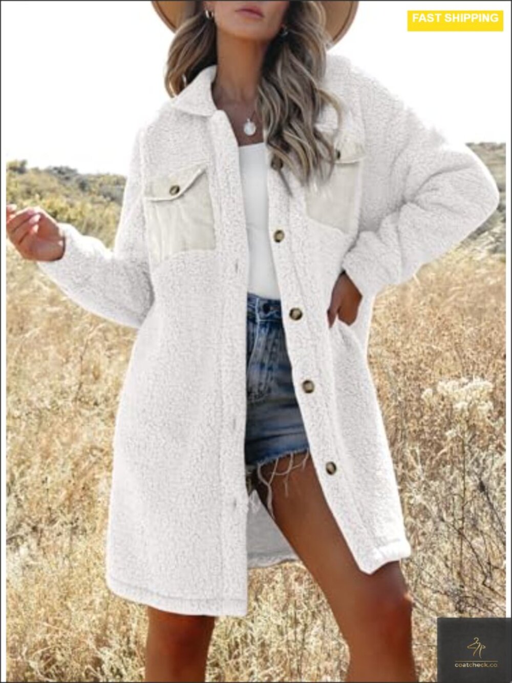 Faux Fur Fuzzy Fleece Long Sleeve Button Down Jacket Teddy Coat - Picture 3 of 6